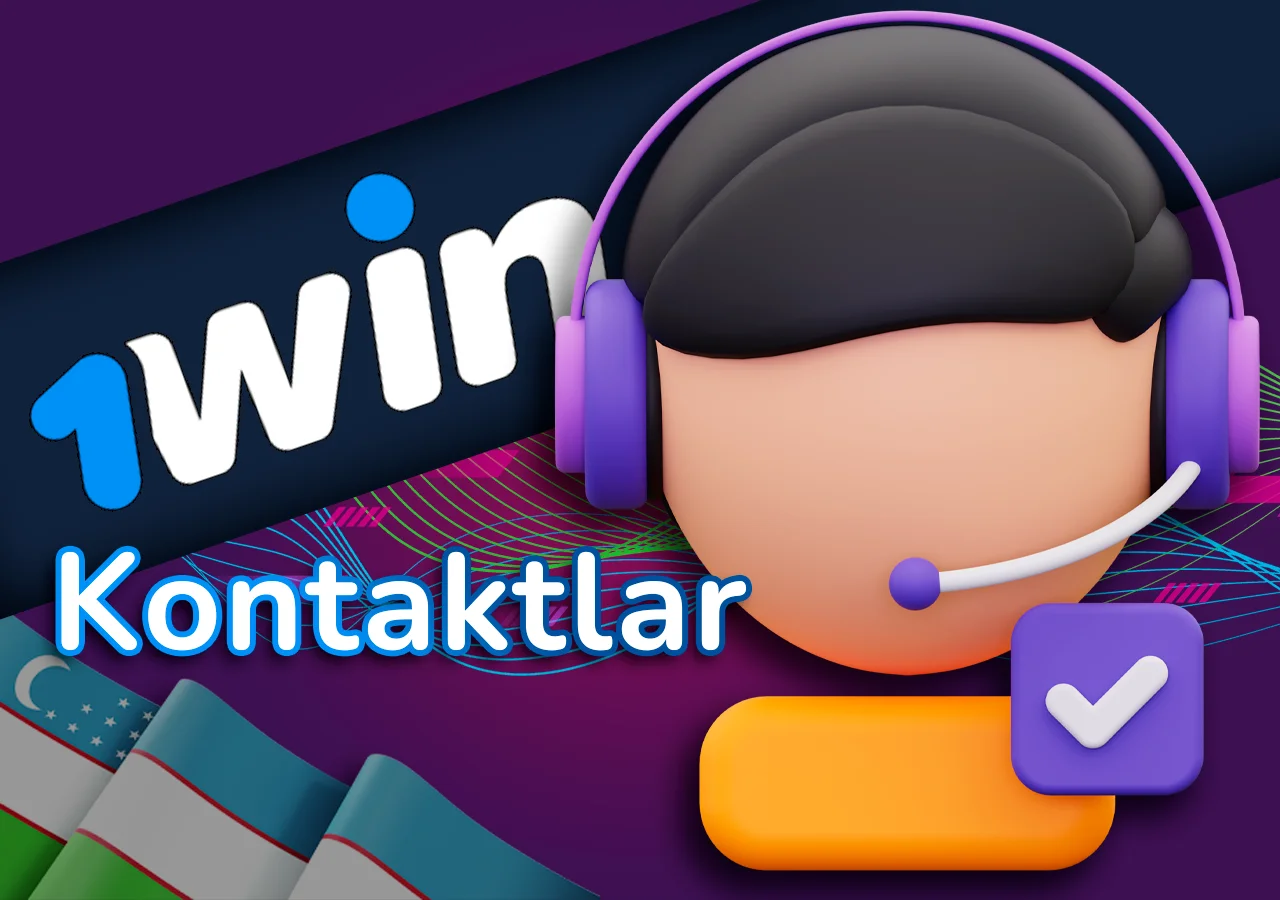 1Win logotipi va "Kontaktlar" yozuvi yonida qo'llab-quvvatlash menejeri tasvirlangan.