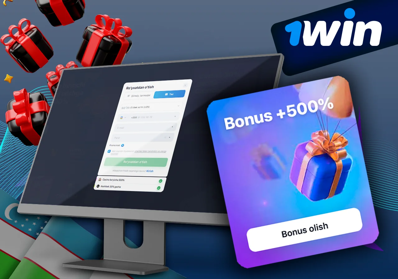 500% bonus qopqog'i yonida 1Win uchun ro'yxatdan o'tgan monitor