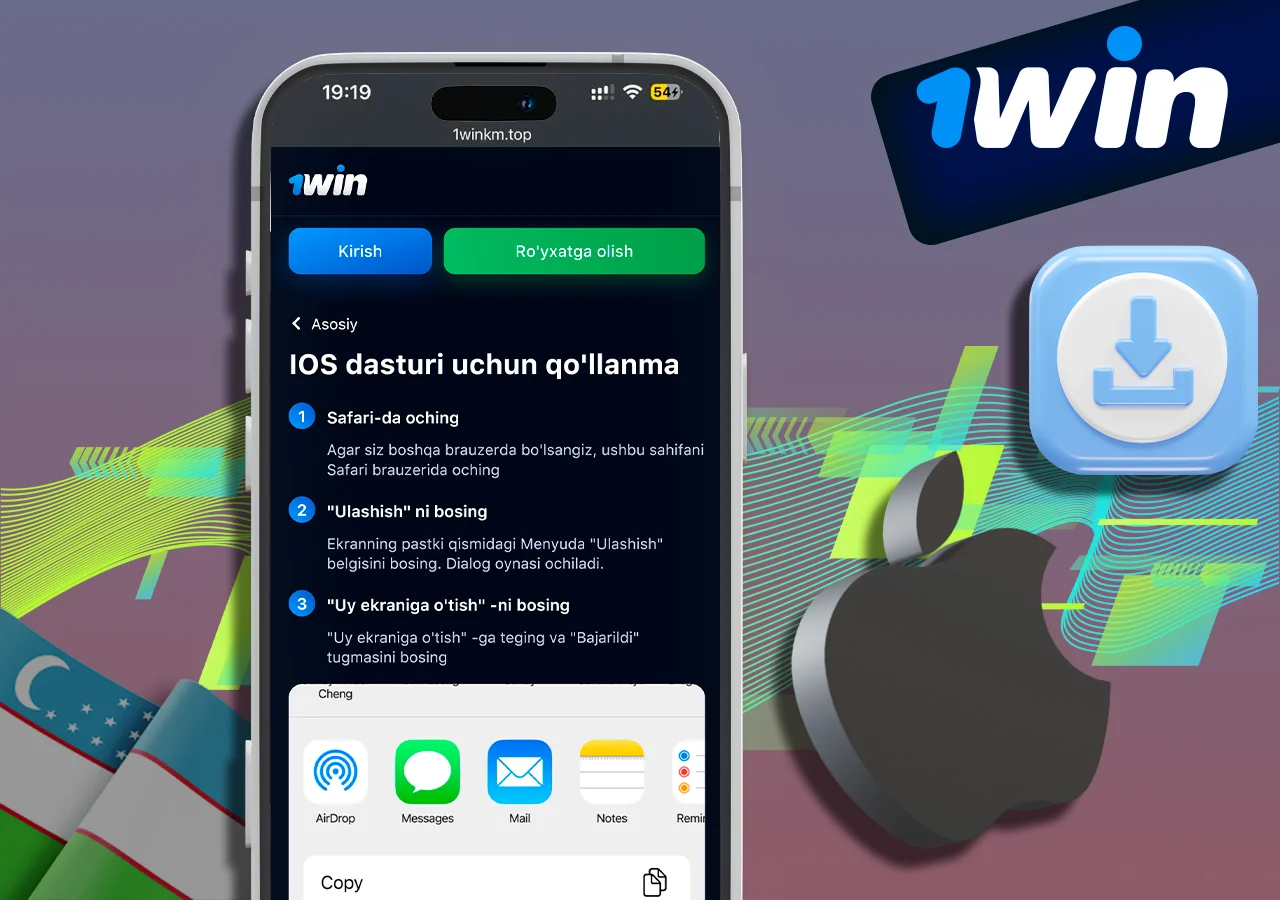 Telefon iOS-ga 1Win ilovasini o'rnatish bo'yicha ko'rsatmalar, o'rnatish piktogramma va tizimni ko'rsatadi